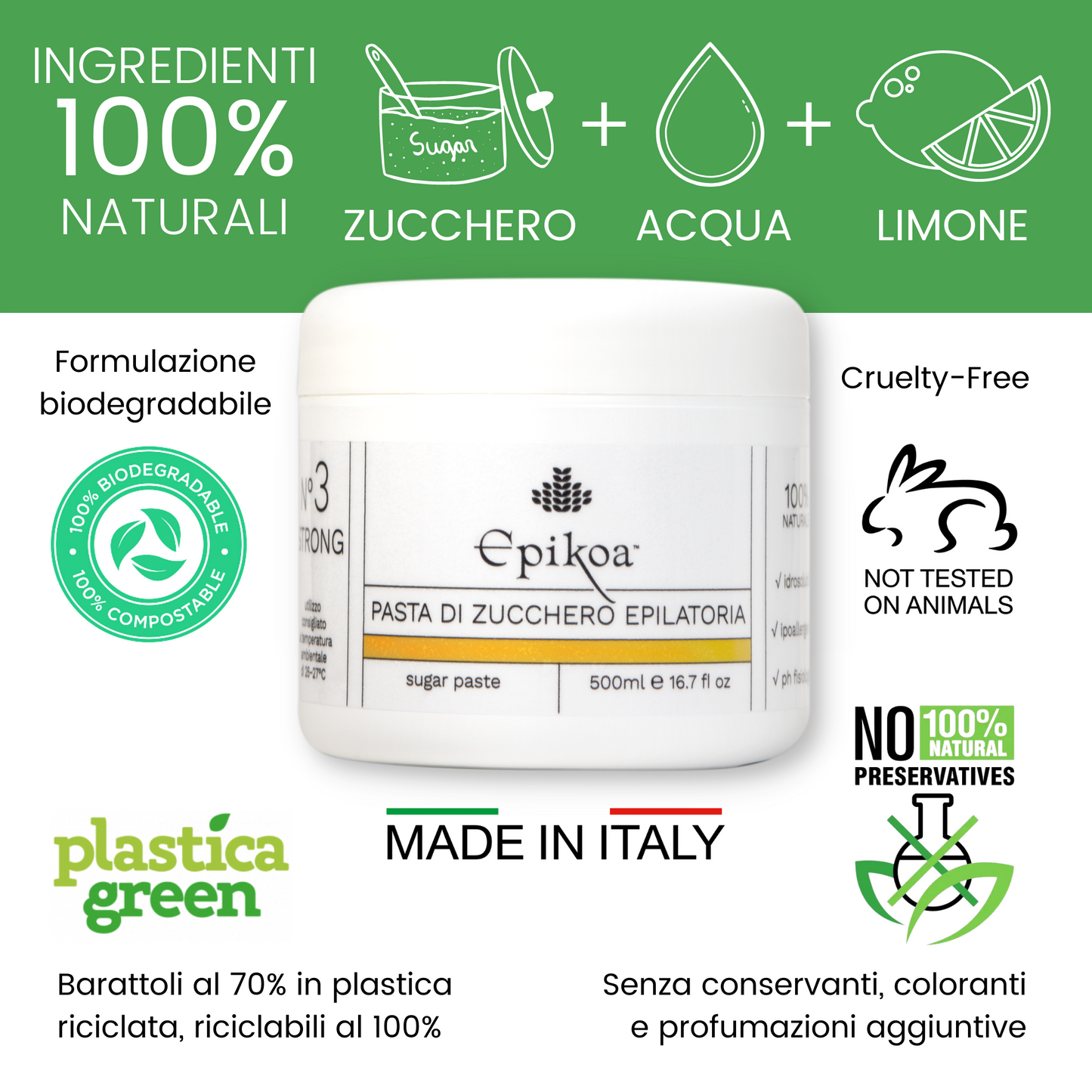 PASTA DI ZUCCHERO STRONG N.3 EPIKOA cera NATURALE epilatoria 500ml