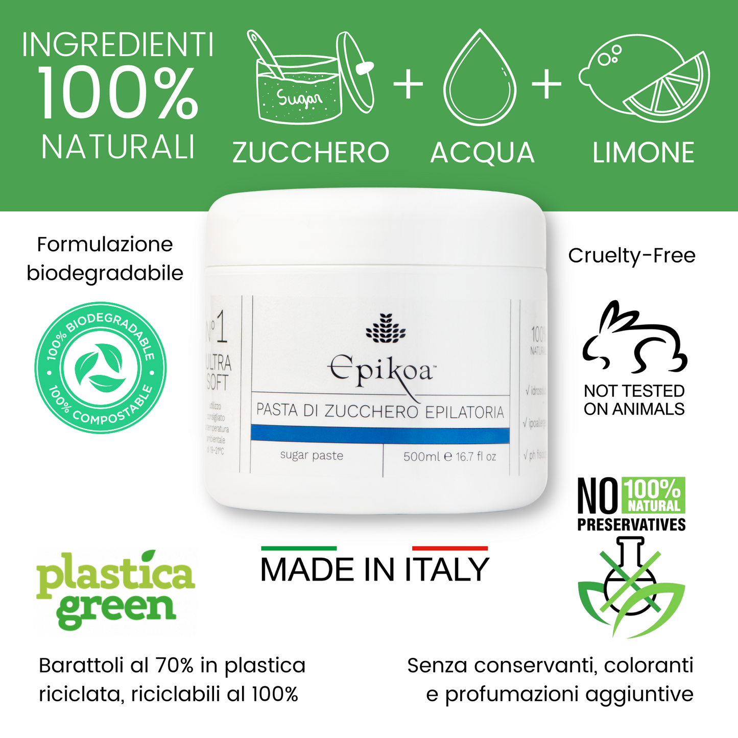 PASTA DI ZUCCHERO ULTRASOFT N.1 EPIKOA cera NATURALE epilatoria 500ml